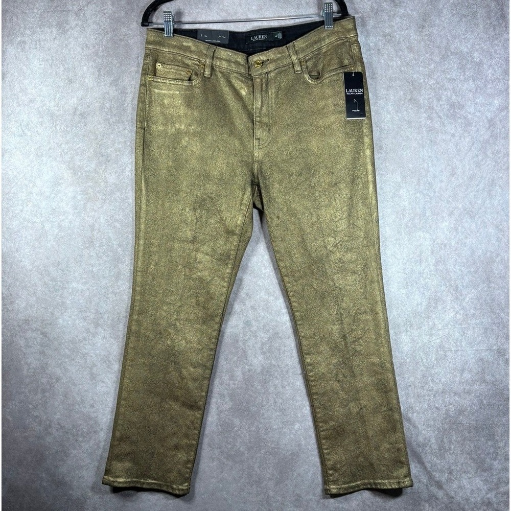 Lauren Ralph Lauren Pants Women 14P Gold Mid-Rise Straight Leg Metallic Coated